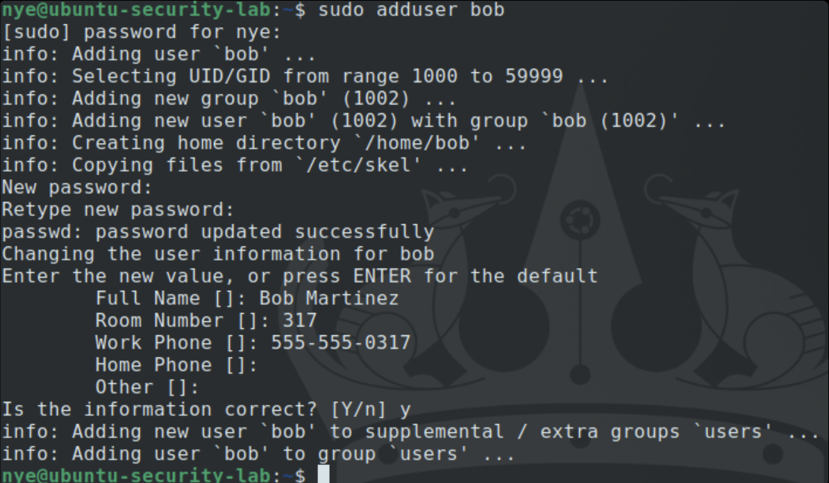 Ubuntu terminal creating test users